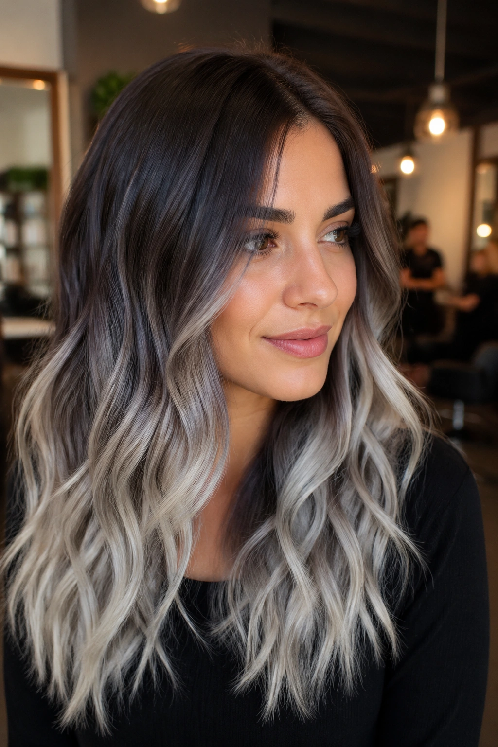 Close-up of brunette hair with smoky silver balayage