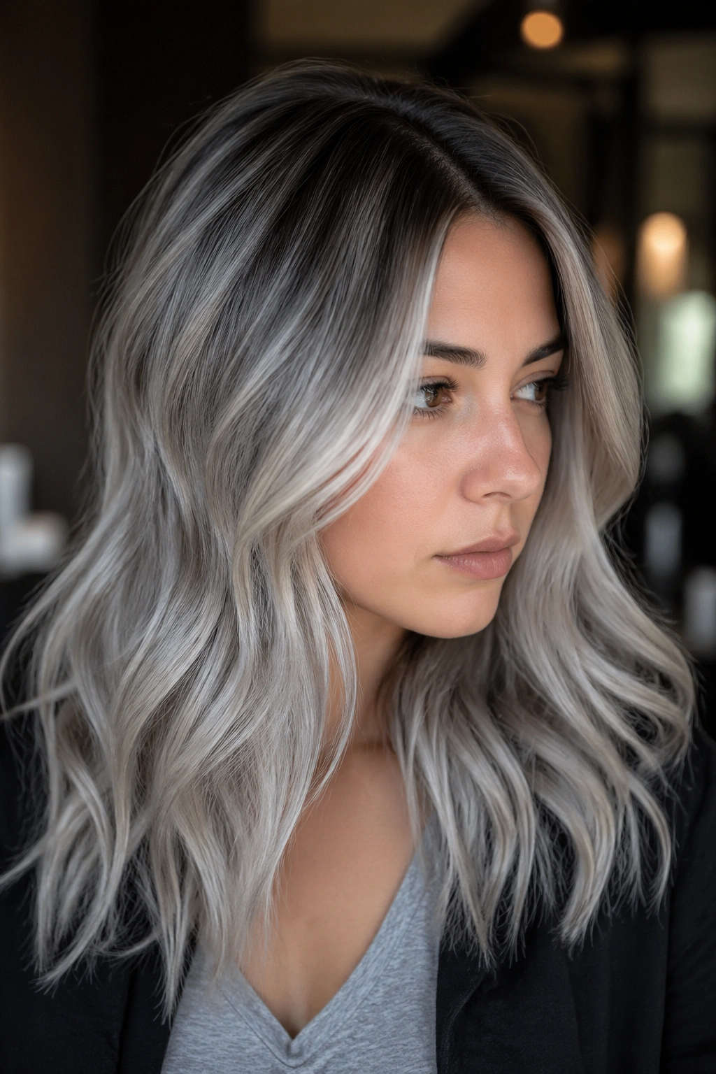Close-up of a woman with rooty silver balayage and darker roots for low-maintenance wear