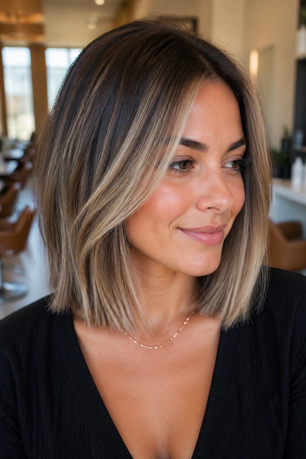 Close-up of a real woman with smoky beige balayage on a blunt lob, natural window light.