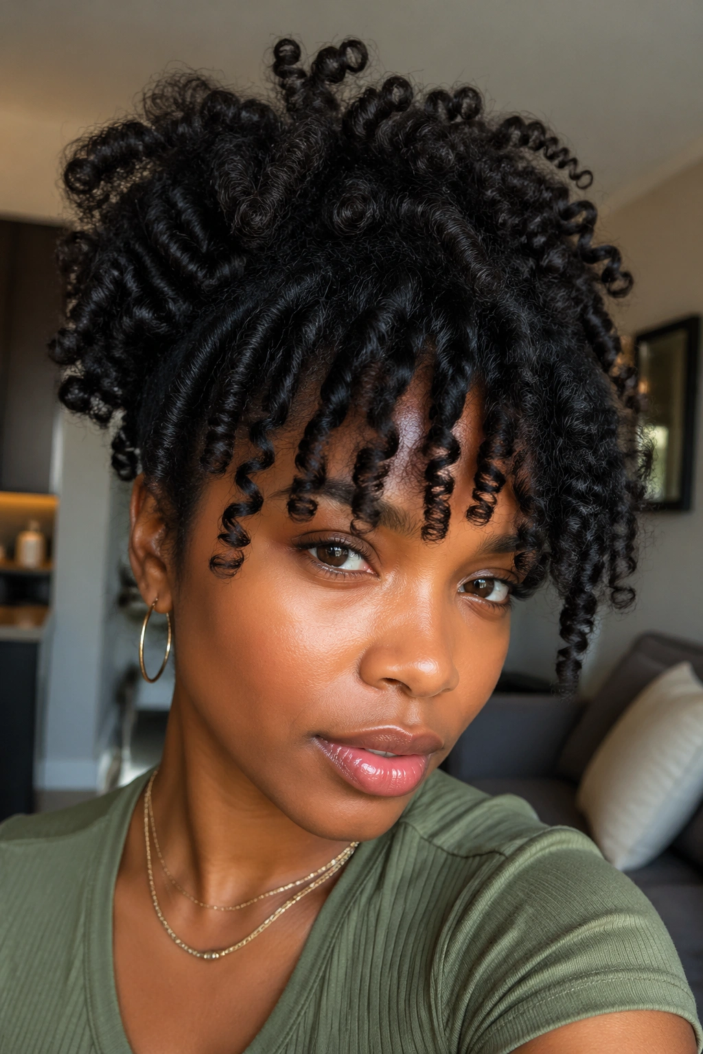 Close-up portrait of a woman with Bantu knot-out and airy bangs
