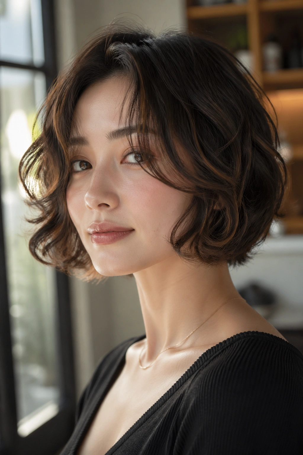 Close-up of a real woman with barrel curl perm and chin-grazing cut