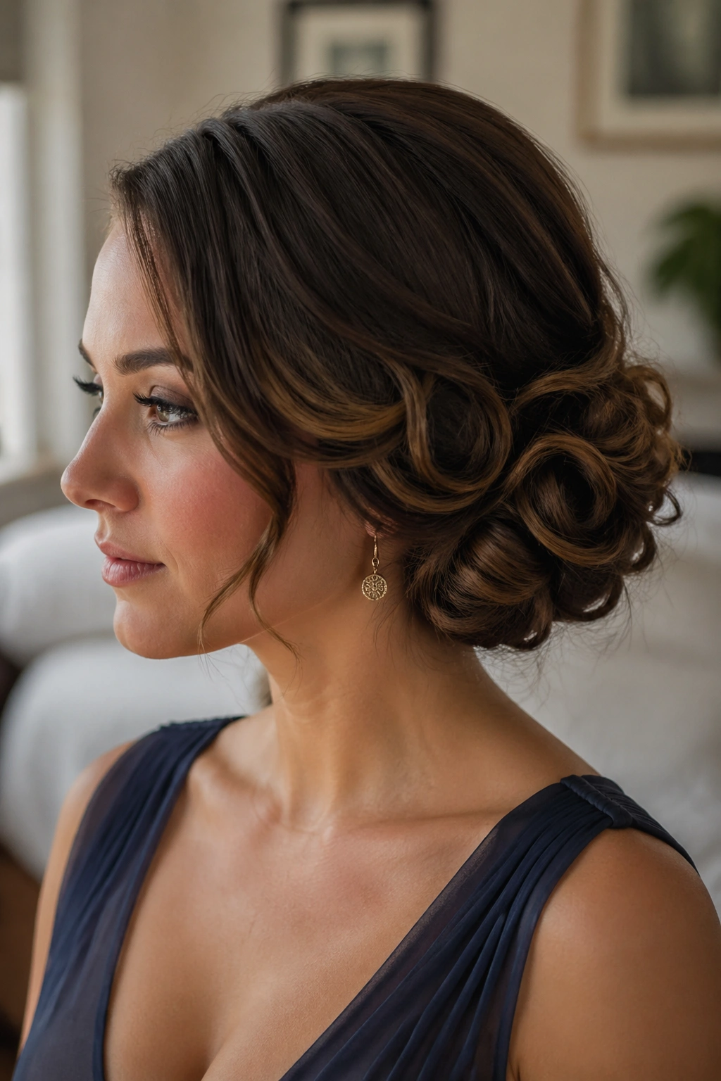 Close-up of a real woman with a barreled side bun at the jawline