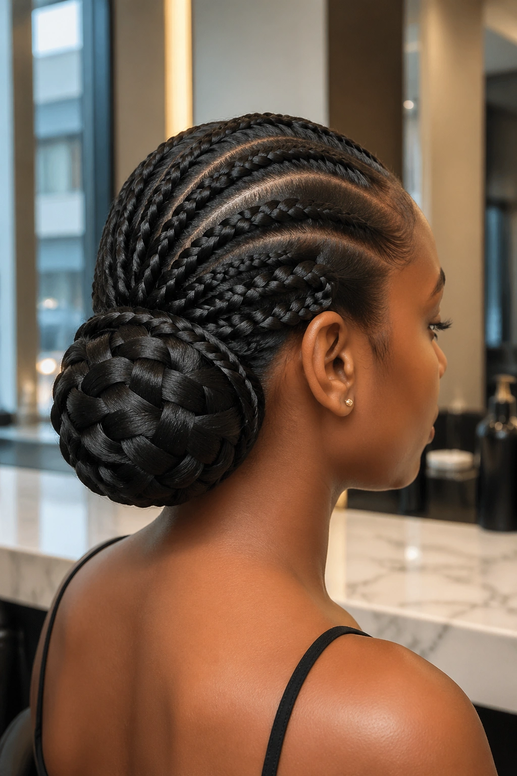Close-up of Basket-Weave Braided Bun on real person with interlaced pattern