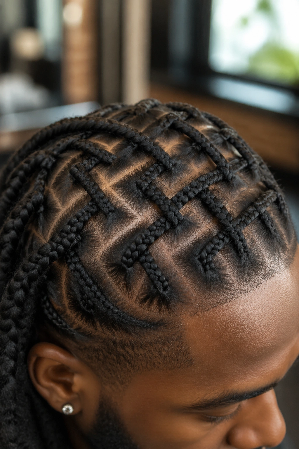 Close-up of basket-weave braids across crown on real man