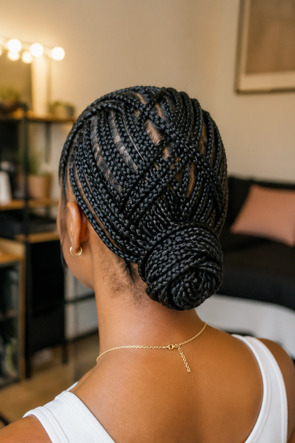Back view of real woman with basket-weave pin-up hairstyle