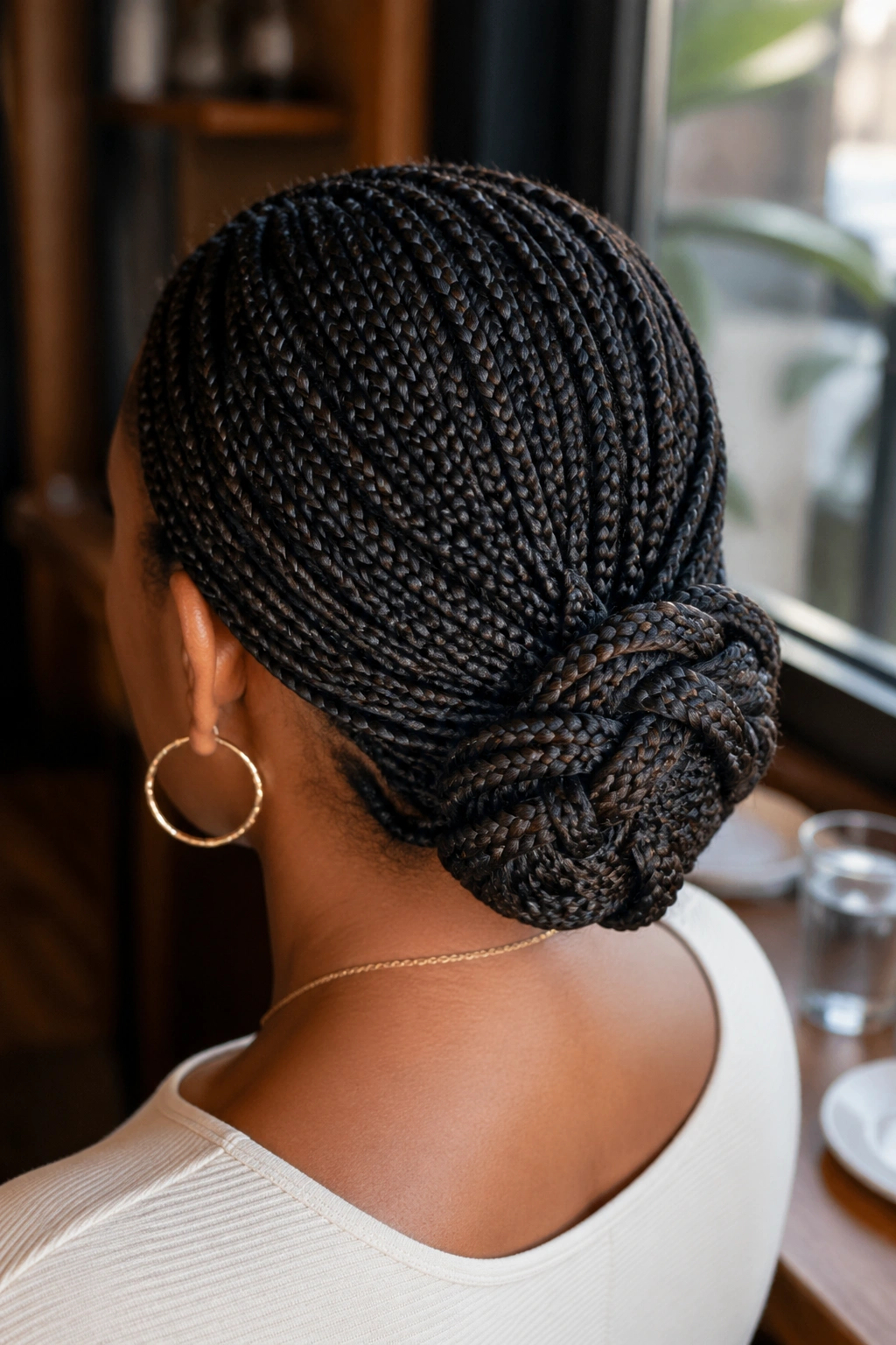 Close-up portrait of a real woman with a basket-weave bun at the nape