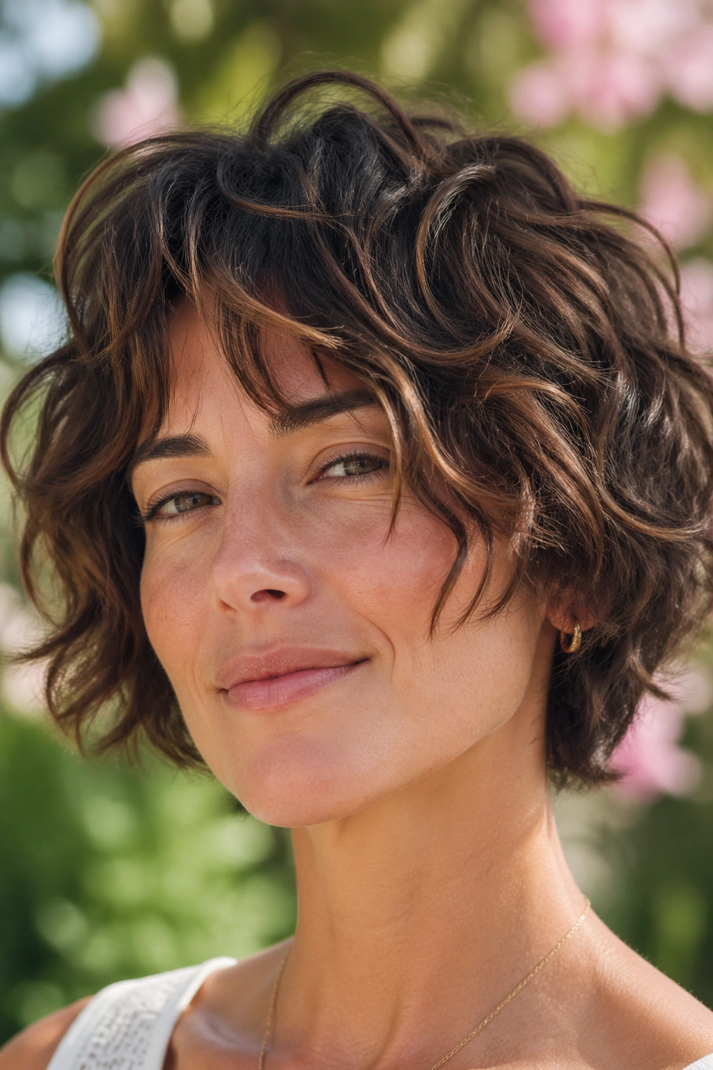 Close-up of a real woman with a layered crop and beachy waves
