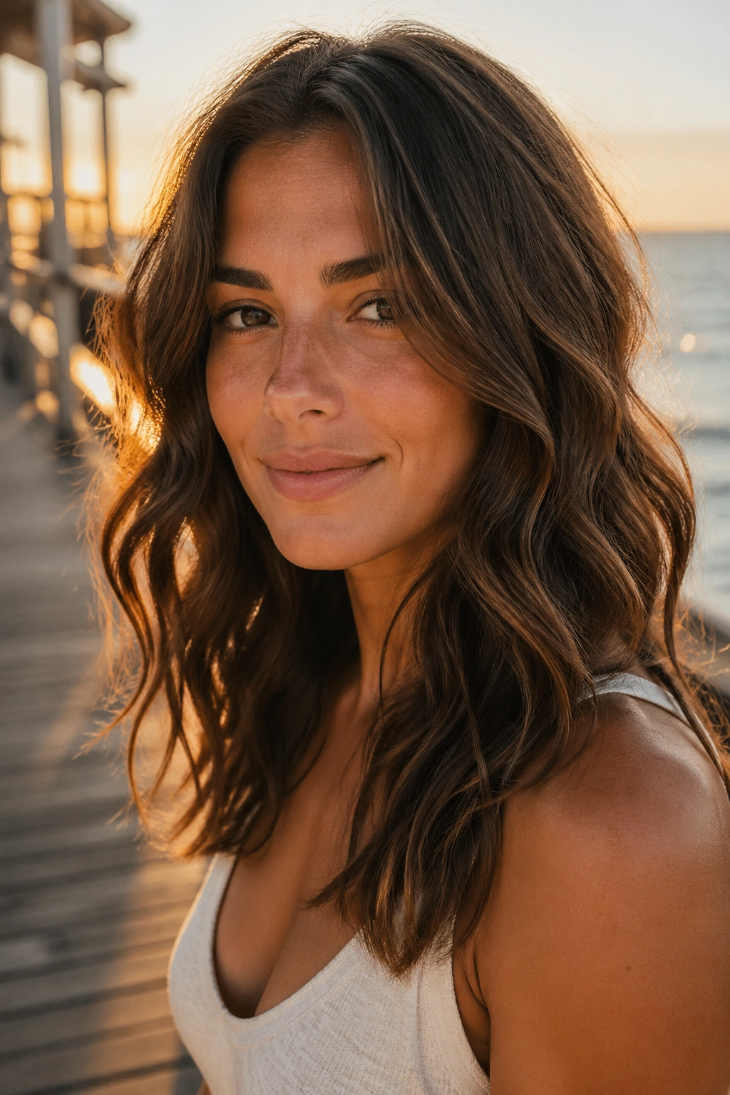 Close-up portrait of a woman with chocolate brown beach waves on a sunlit boardwalk.