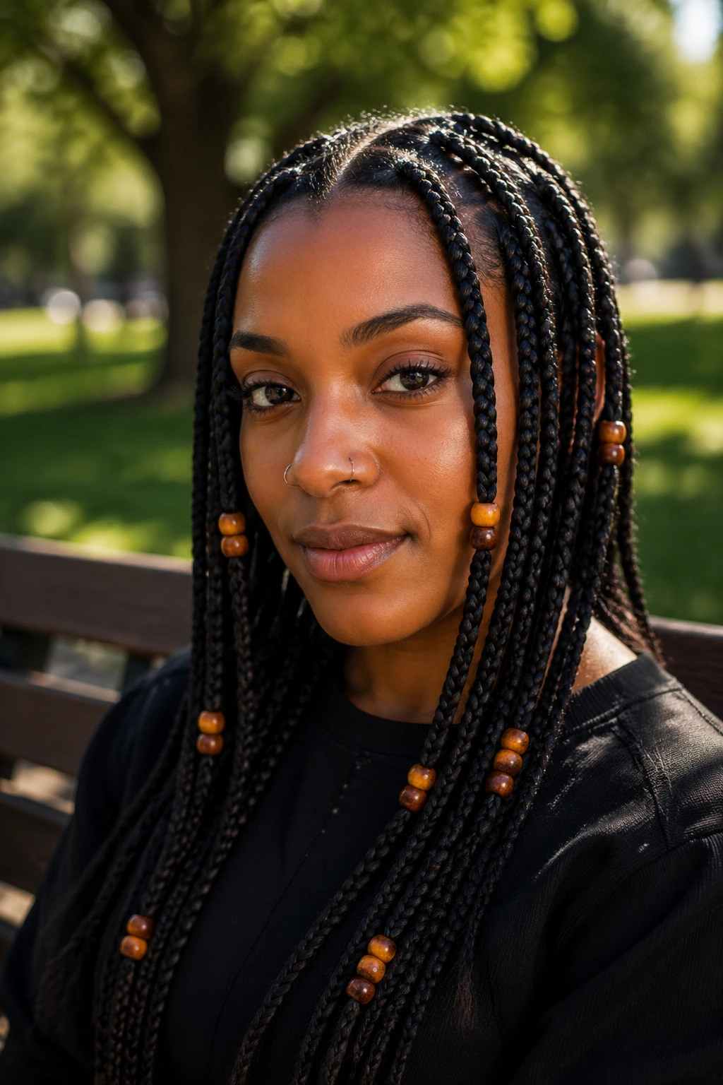 Bead clusters on knotless box braids on real person in park setting