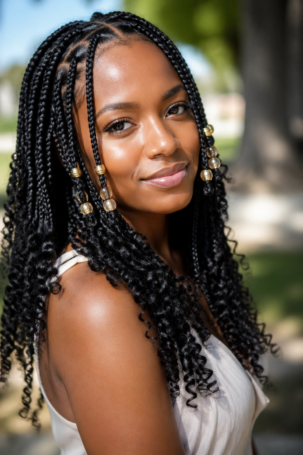 Real woman with beaded accent braids and curly ends in soft sunlight