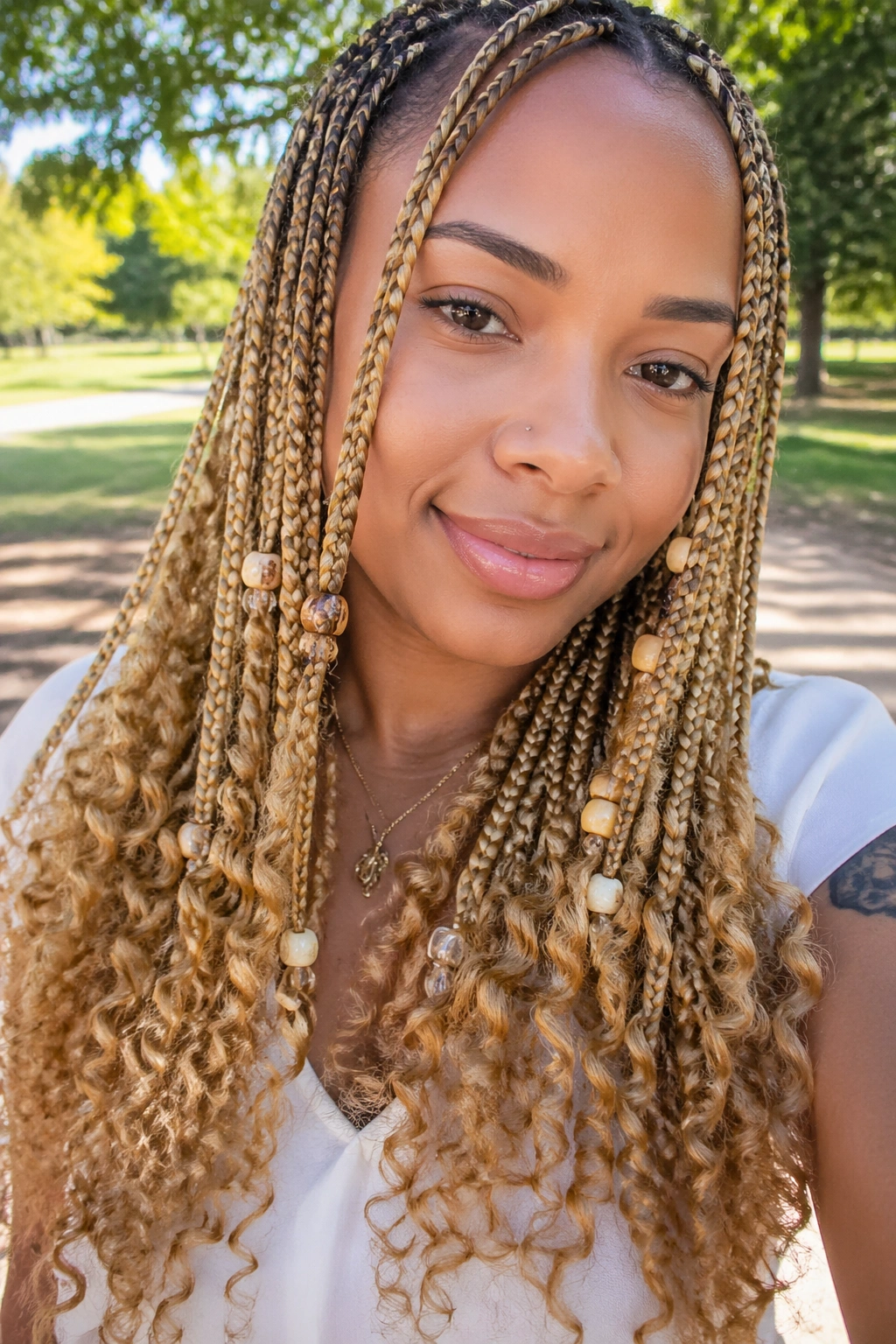 Close-up portrait of a real woman with beaded blonde braids and curly ends
