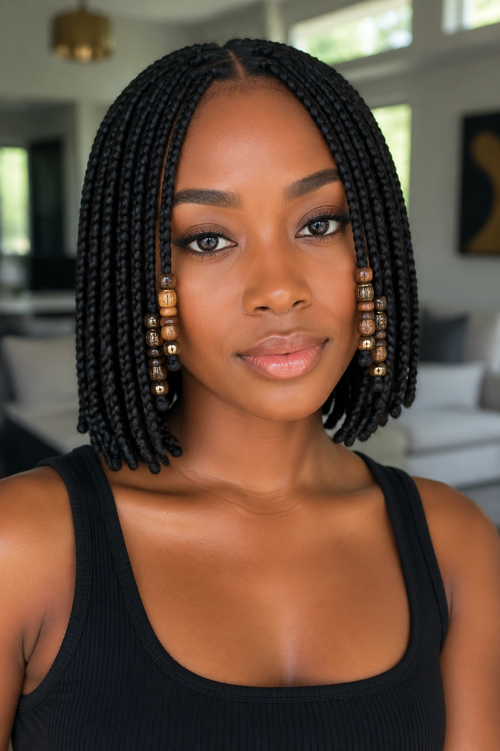 Close-up of a real Black woman with a beaded short box braid bob