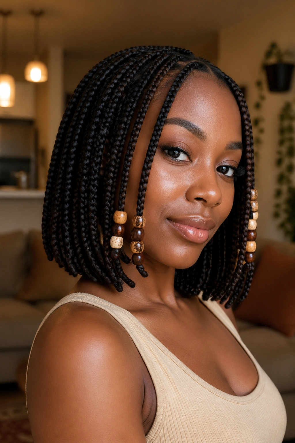 Portrait of a woman with beaded bob-length box braids, beads on front braids.