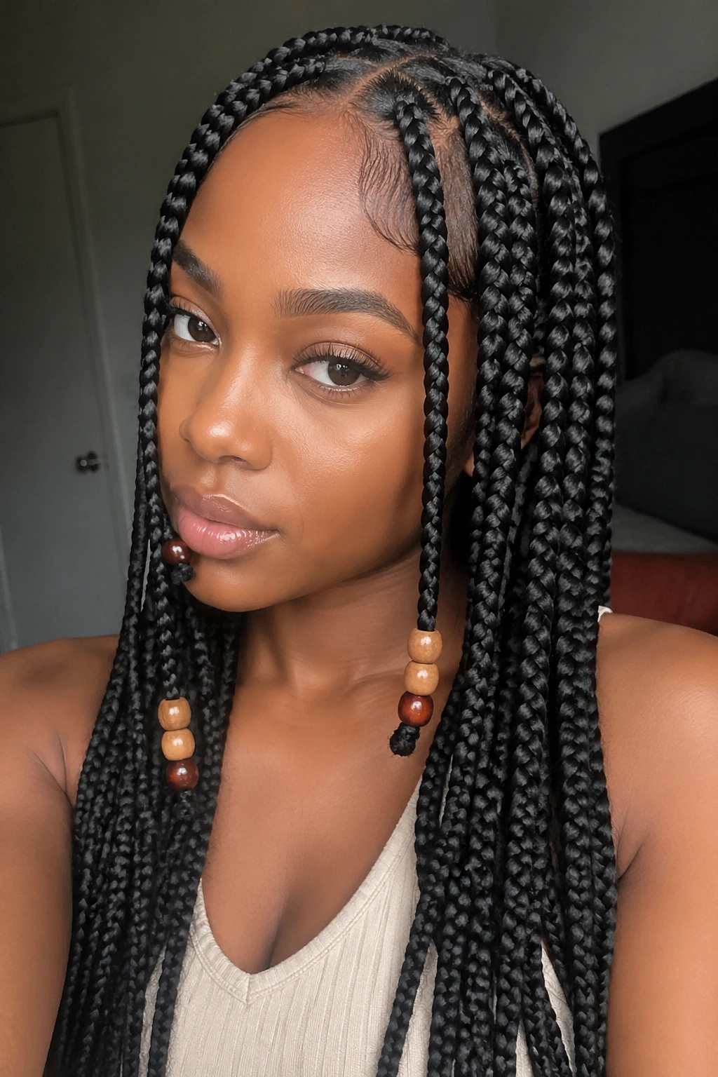 Close-up of a real person with beaded box braids featuring beads on front pieces