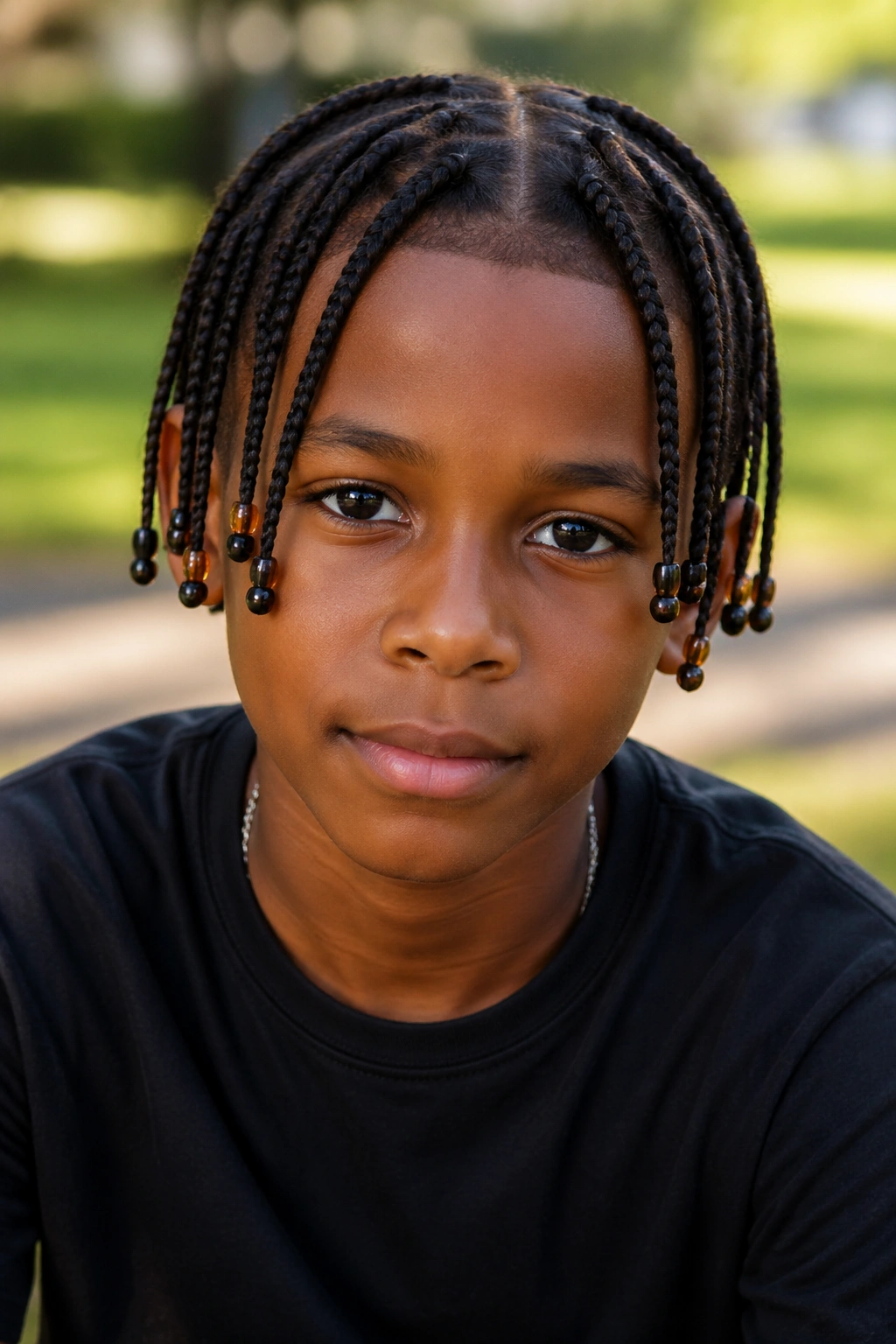 Close-up of a real boy with beaded medium box braids and bead ends in a park setting
