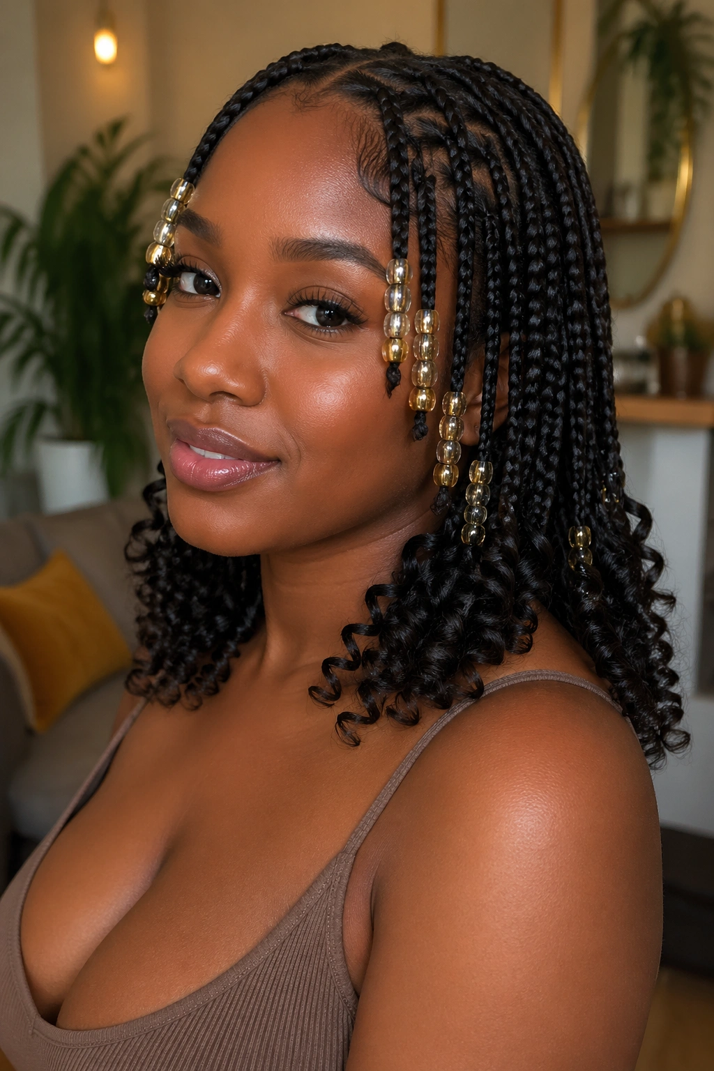 Close-up of beaded medium box braids with curly ends on a real woman