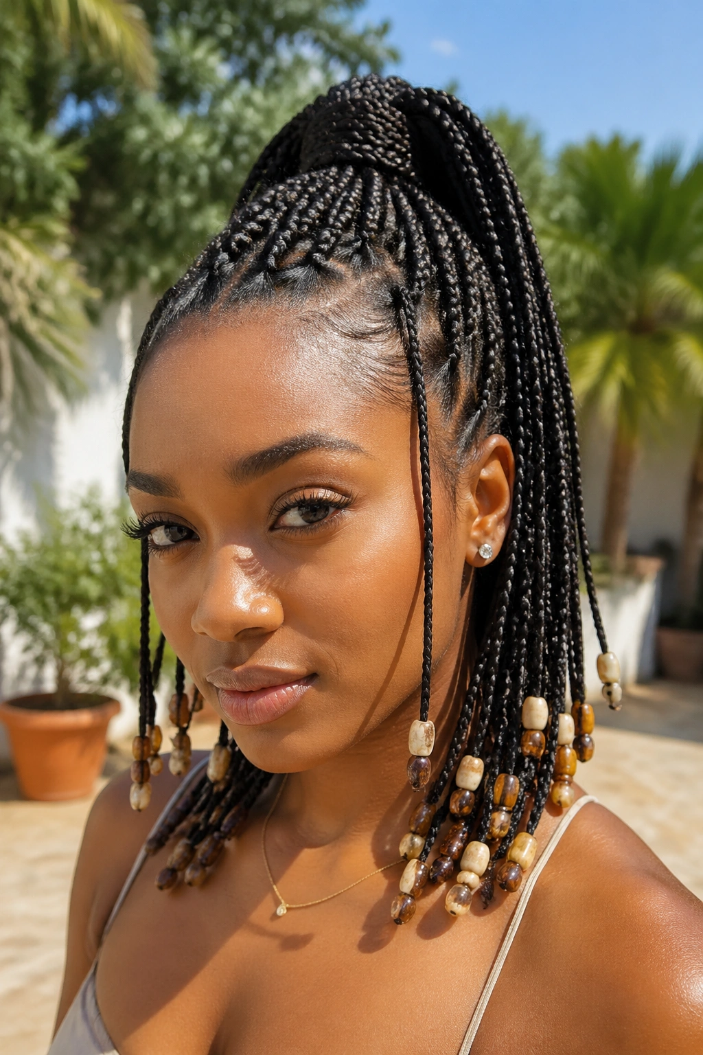 Close-up of a real woman with beaded small box braids in a high ponytail