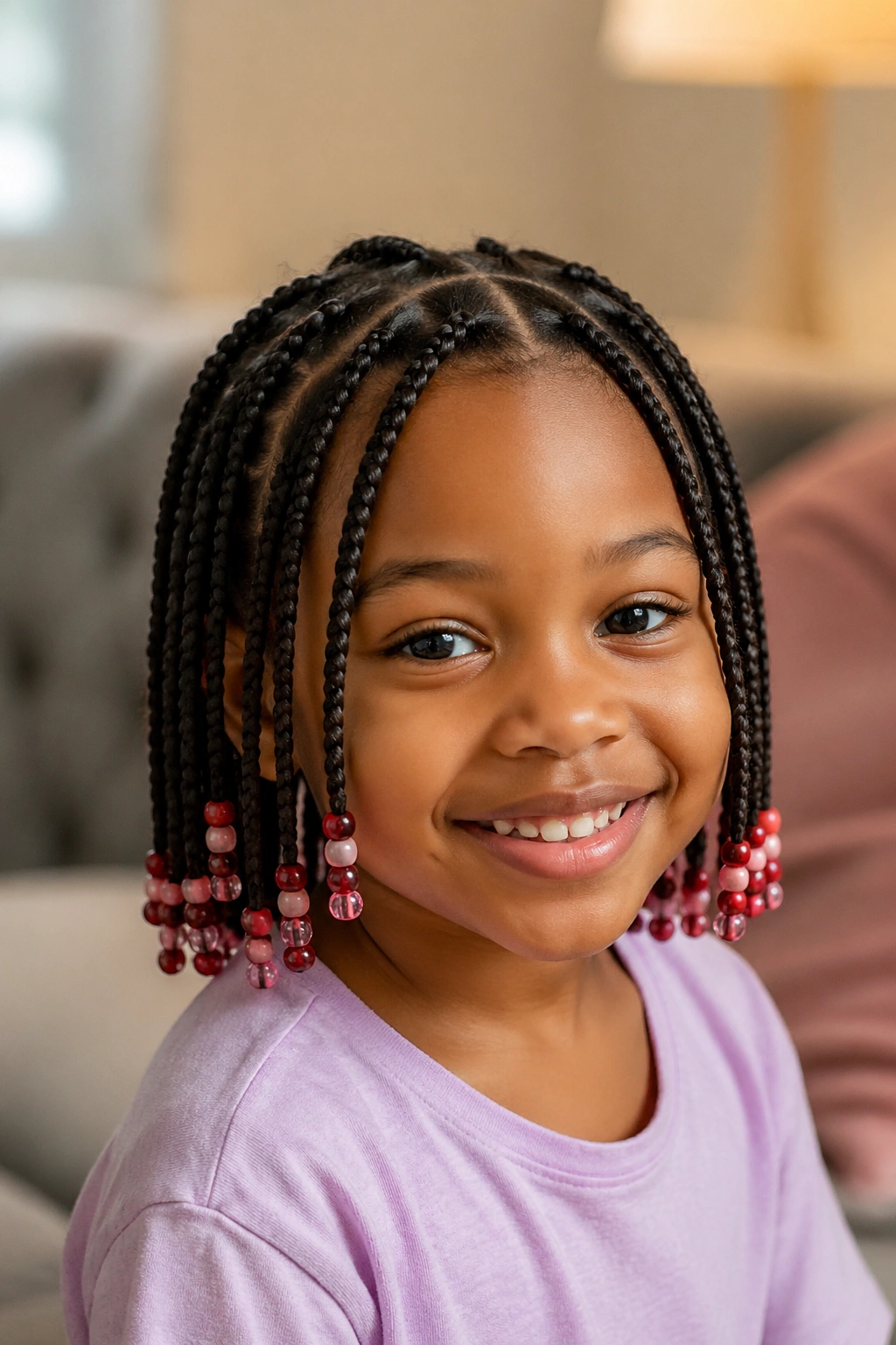 Girl with short box braids featuring beads at the ends, close-up