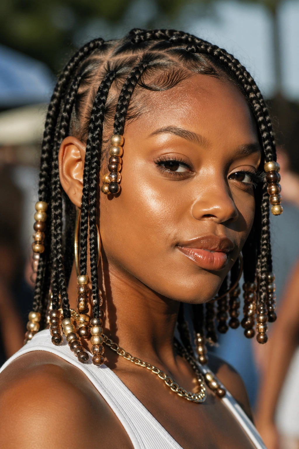 Real person with beaded braids featuring 2-4 beads per braid.