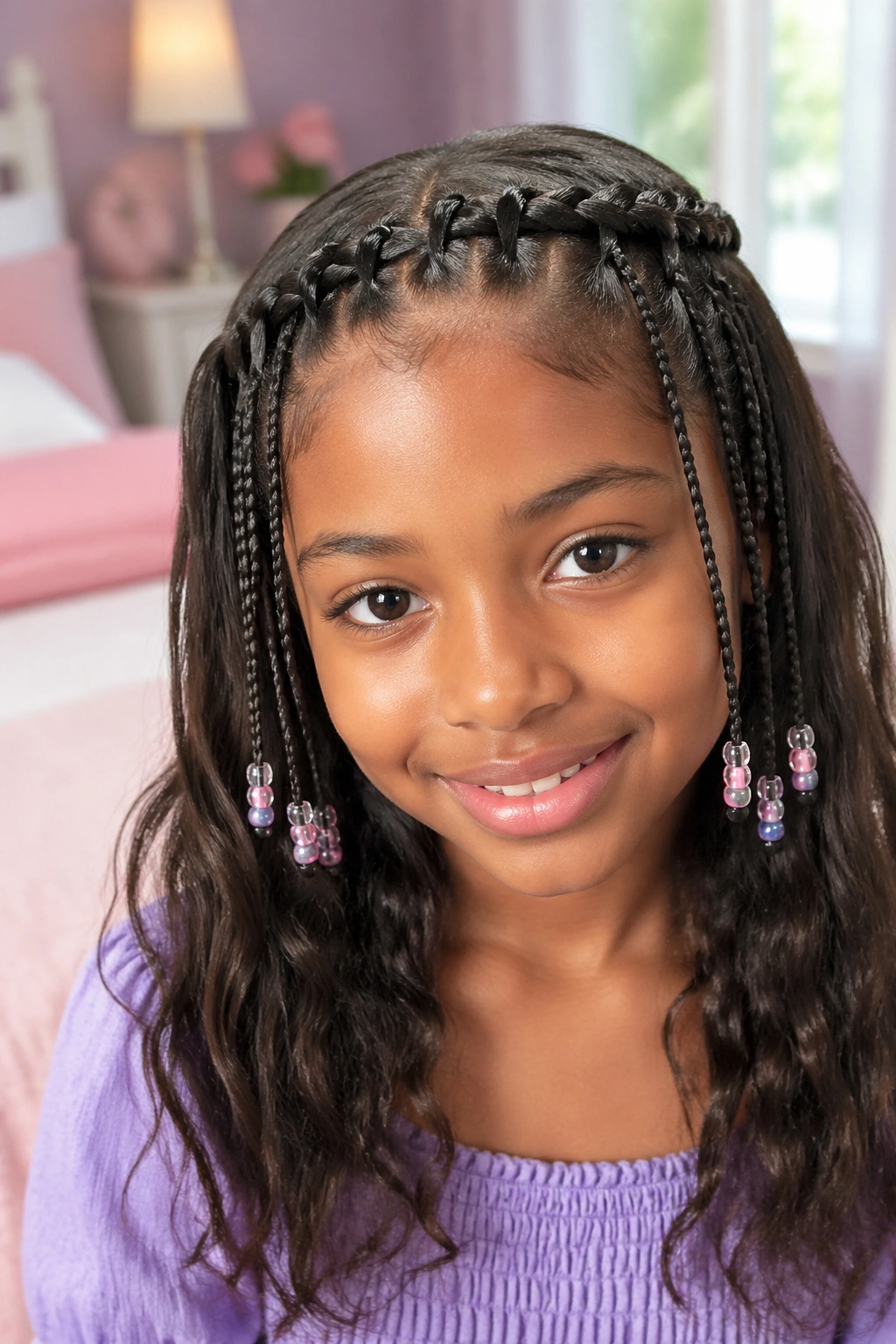Close-up of a child with waterfall front braids and tiny beads framing the face