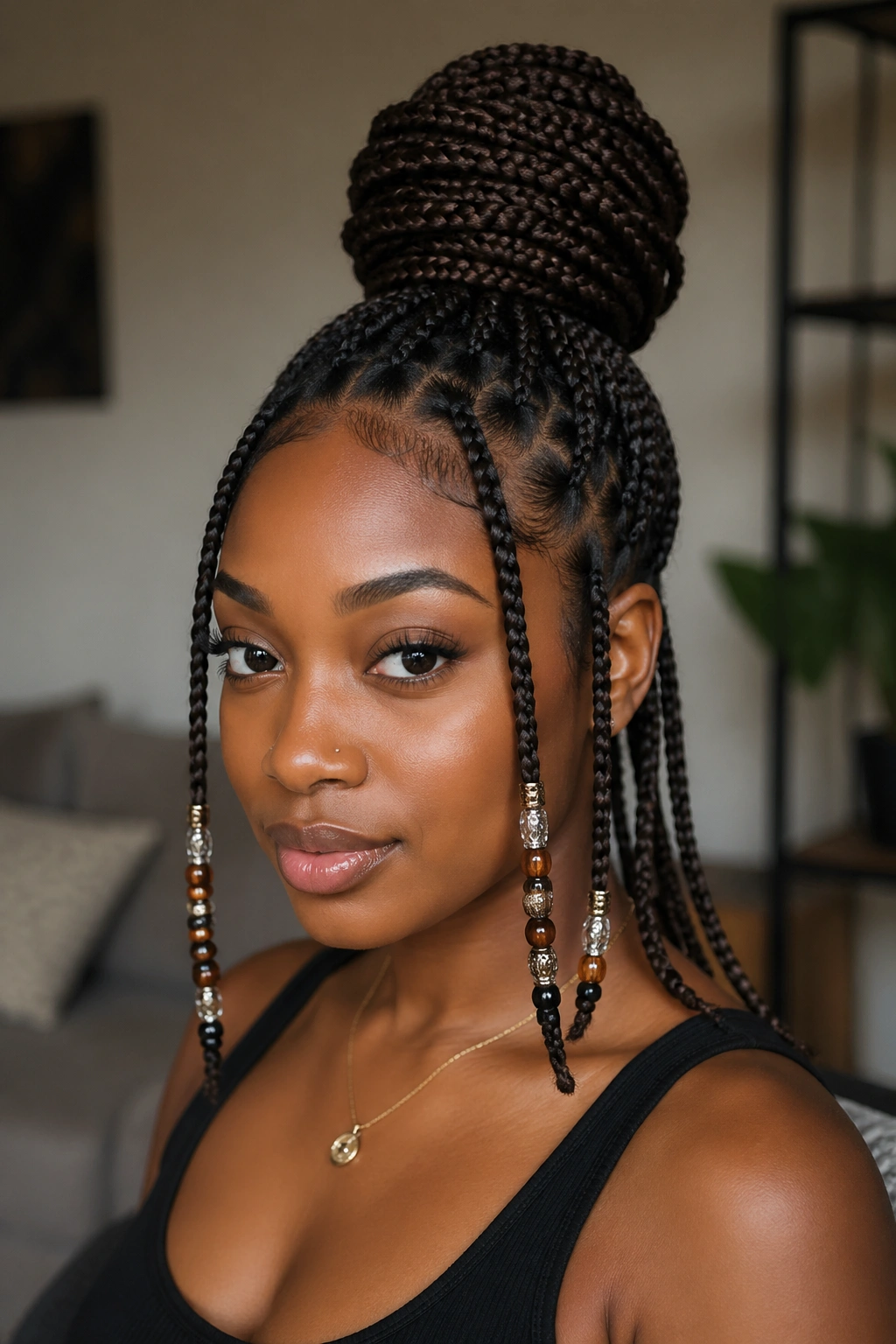 Close-up portrait of high bun with beaded length left out knotless braids
