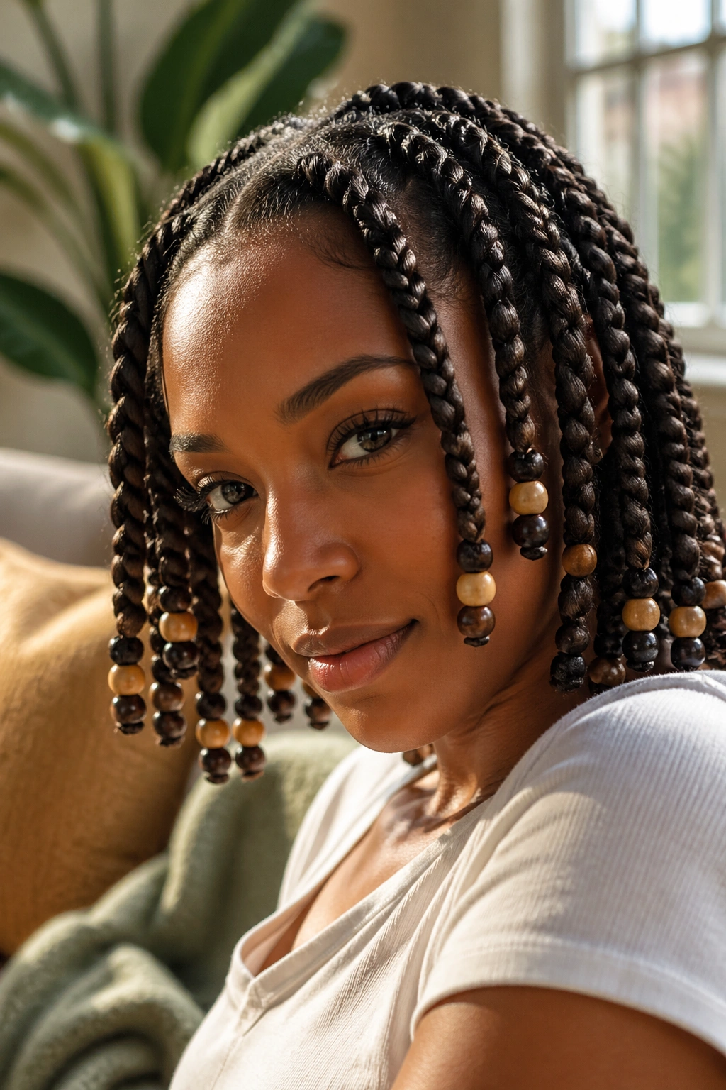 Real woman with braids ending in beads, beads visible at the ends.