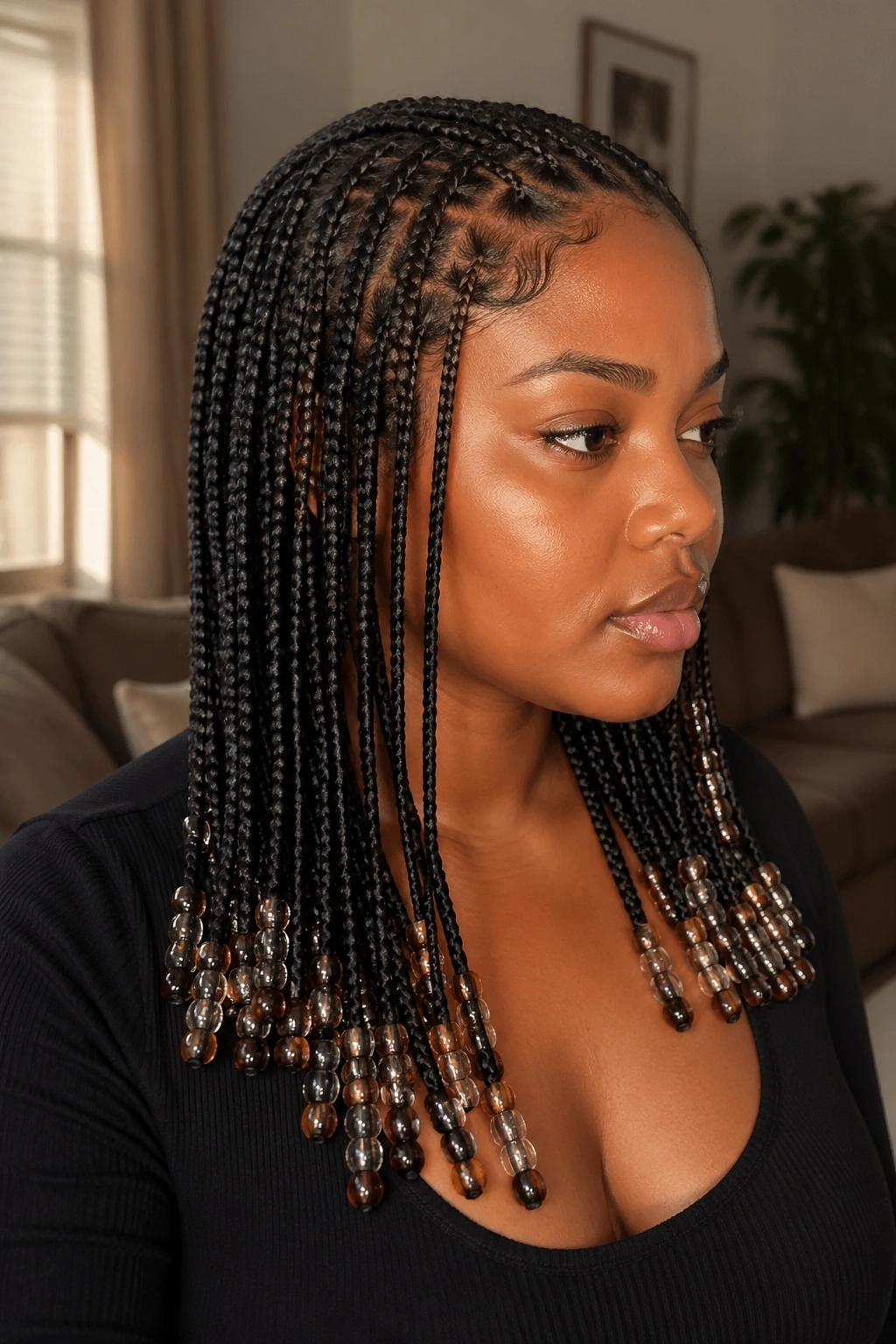 Close-up of a real woman with beaded ends on knotless braids, beads catching light
