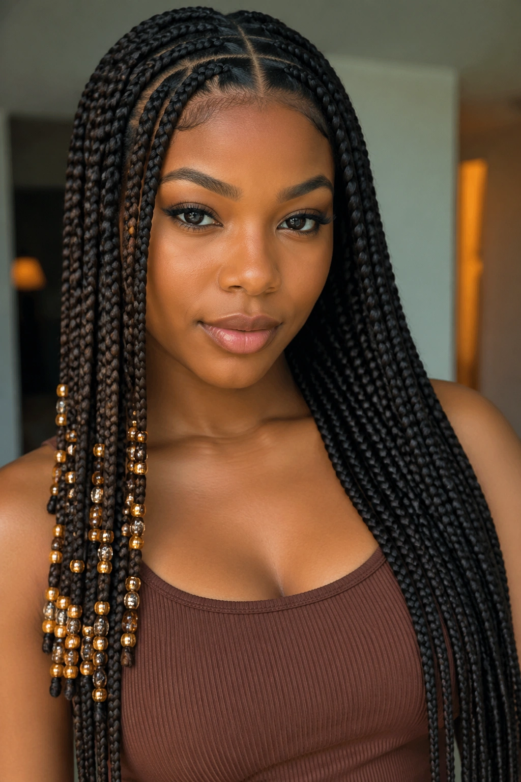 Real person with beaded ends on one side and bare other side