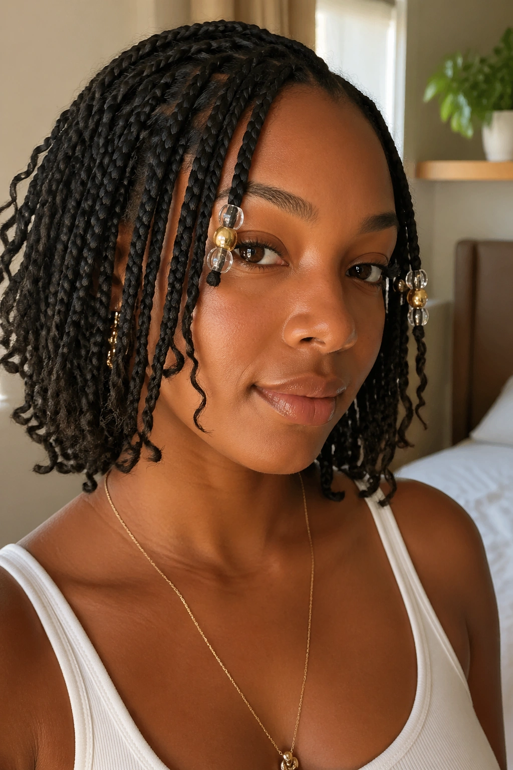 Close-up of real woman with beaded short boho knotless box braids featuring beads on front pieces