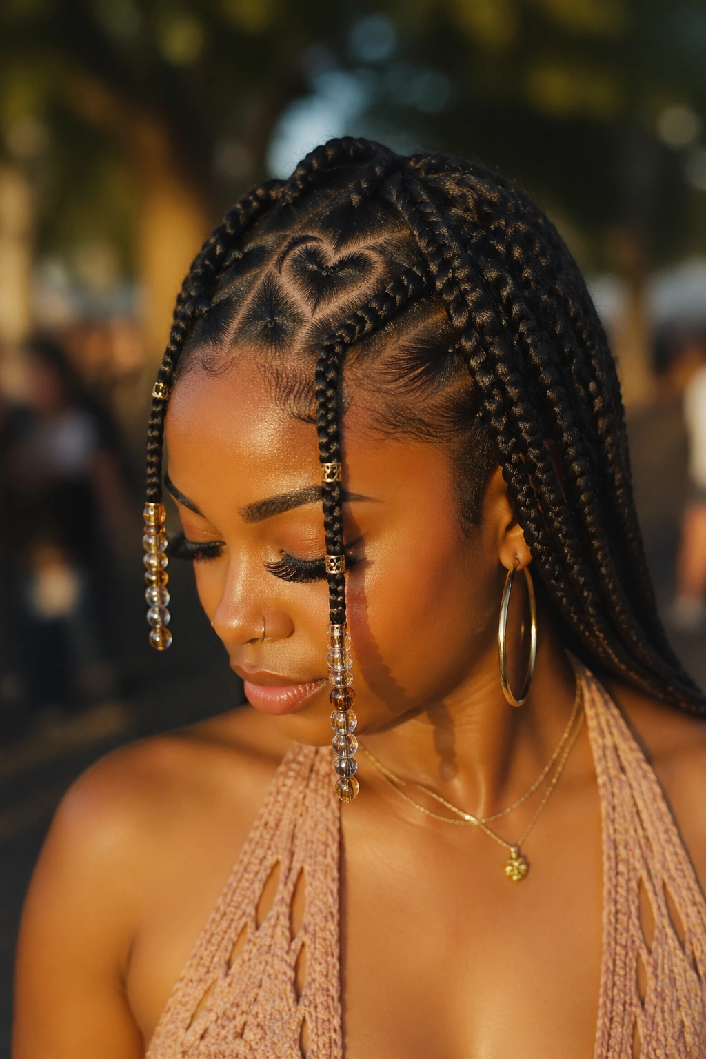 Close-up of a real person with beads accenting knotless braids and a heart part