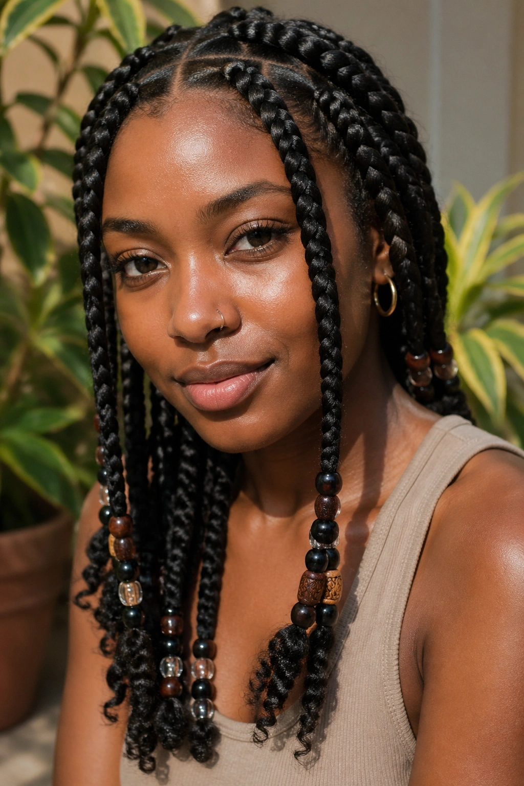 Close-up of a real woman wearing jumbo braids with beads at the ends.