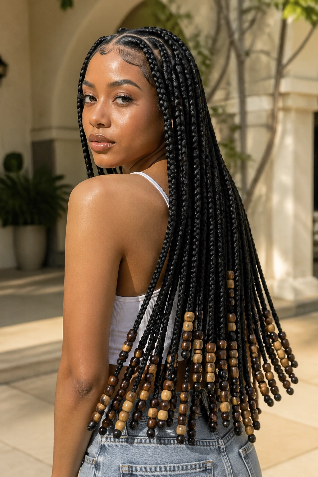 Real woman with beaded jumbo feed-in braids in an outdoor setting