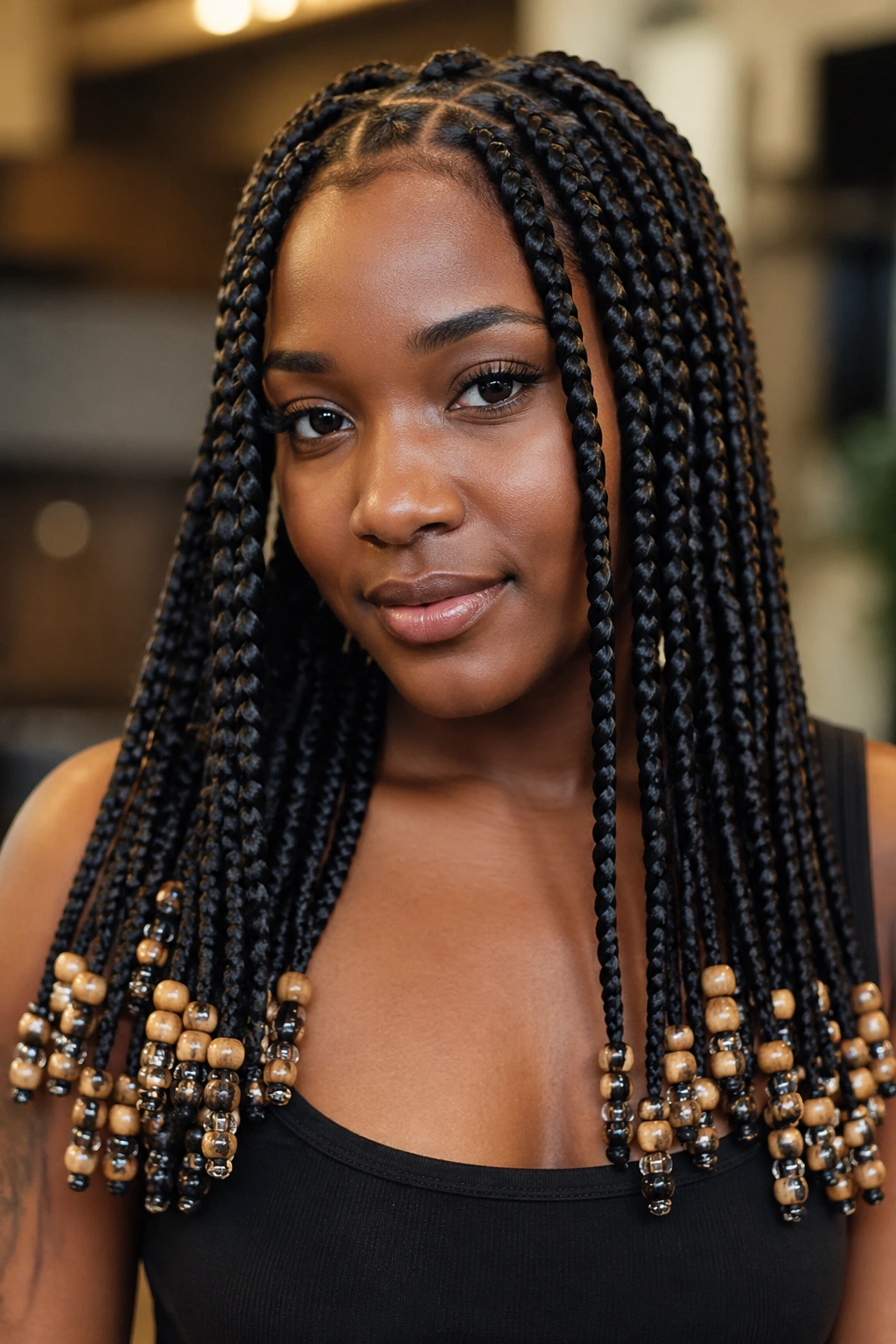 Close-up of a real woman with beaded jumbo knotless box braids and ends beaded