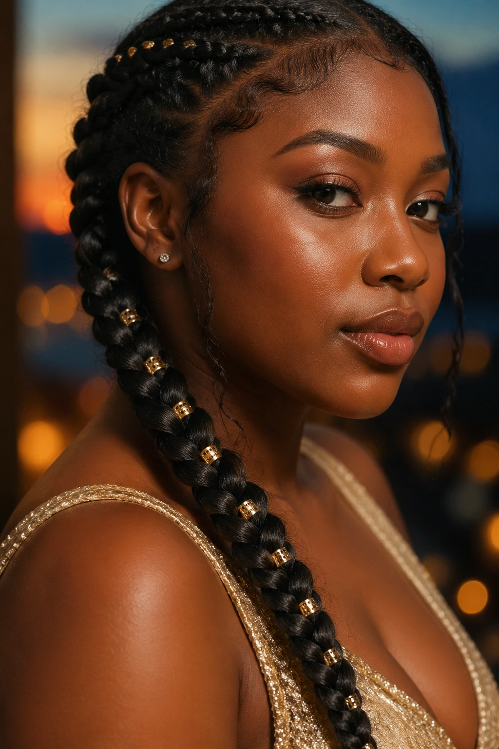 Close-up of a real Black woman's head with Type 4 hair showing a beaded lace braid