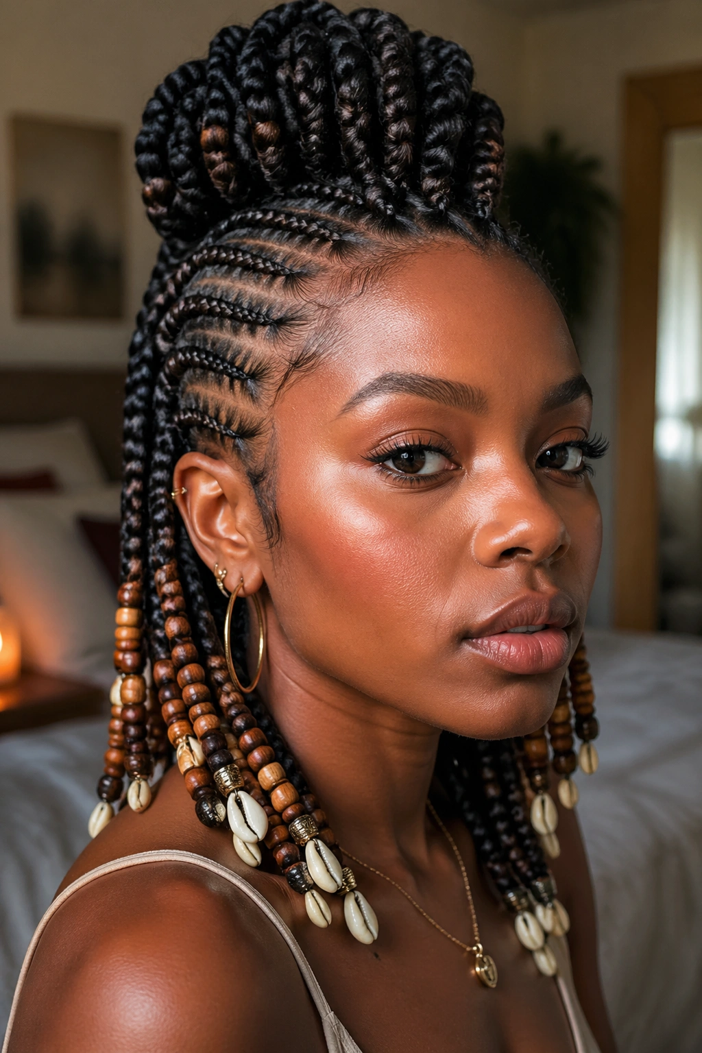 Close-up portrait of a real woman with beaded mohawk braids and shells at the ends.