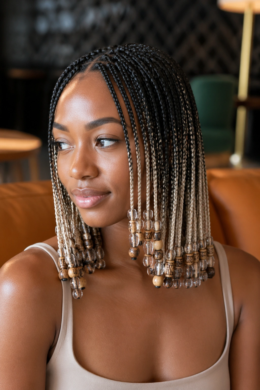 Real person with beaded ombré box braids featuring beads on the front braids.