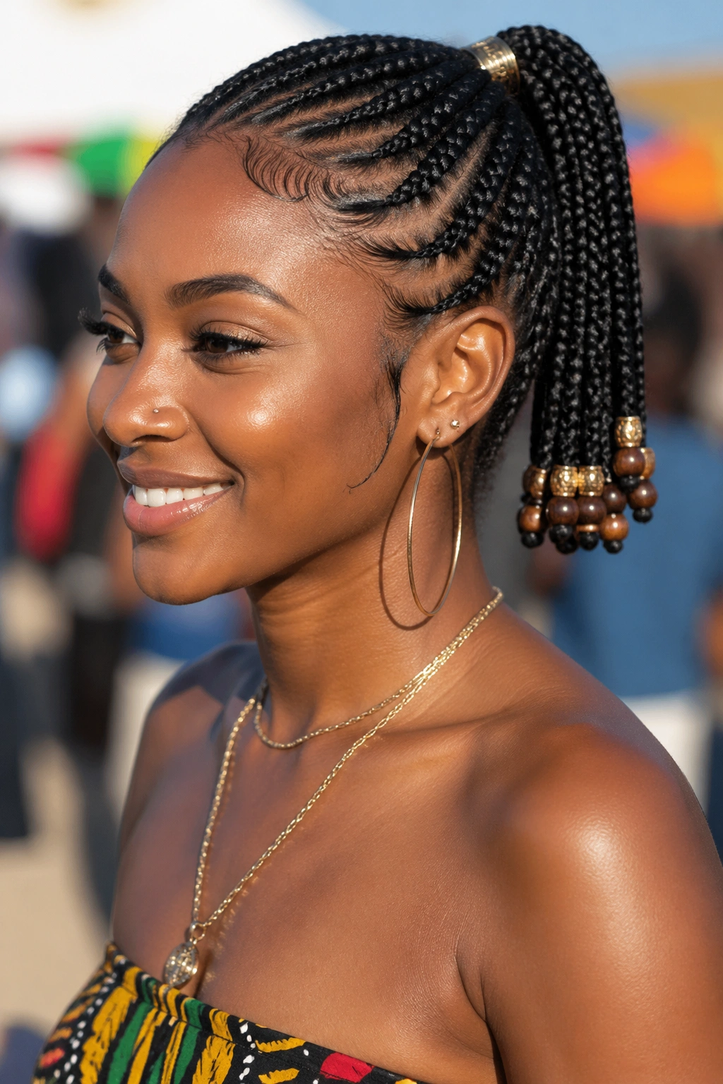 Close-up of a real person with a beaded ponytail ending in a small bead cluster