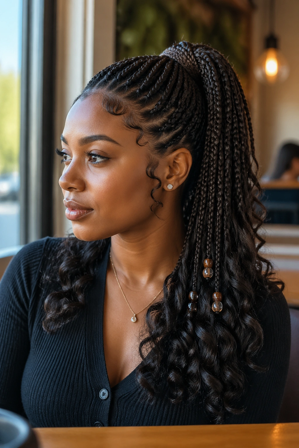 Real woman with beaded ponytail and curly ends in natural light