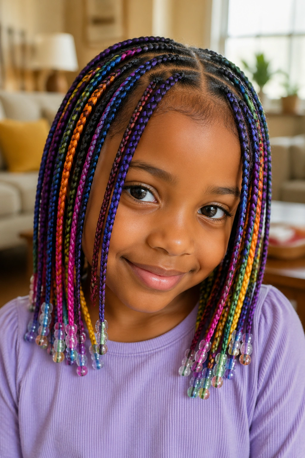 Close-up of a child with rainbow braids ending in small beads