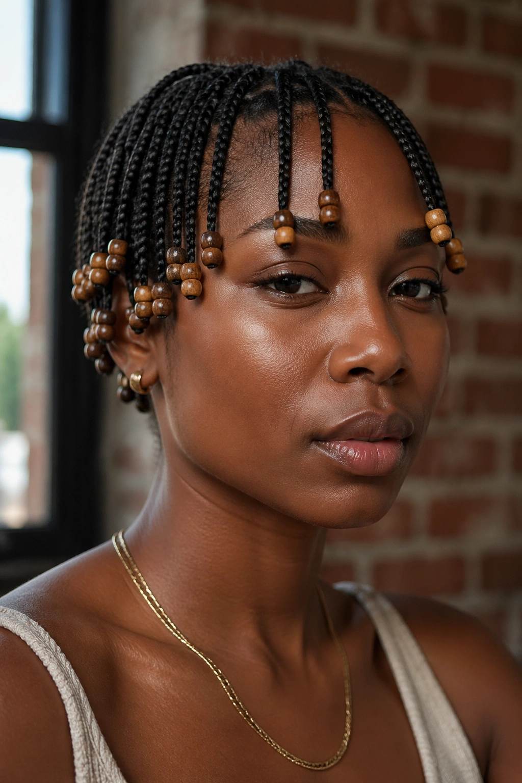 Close-up of a real woman with short beaded braids on the ends