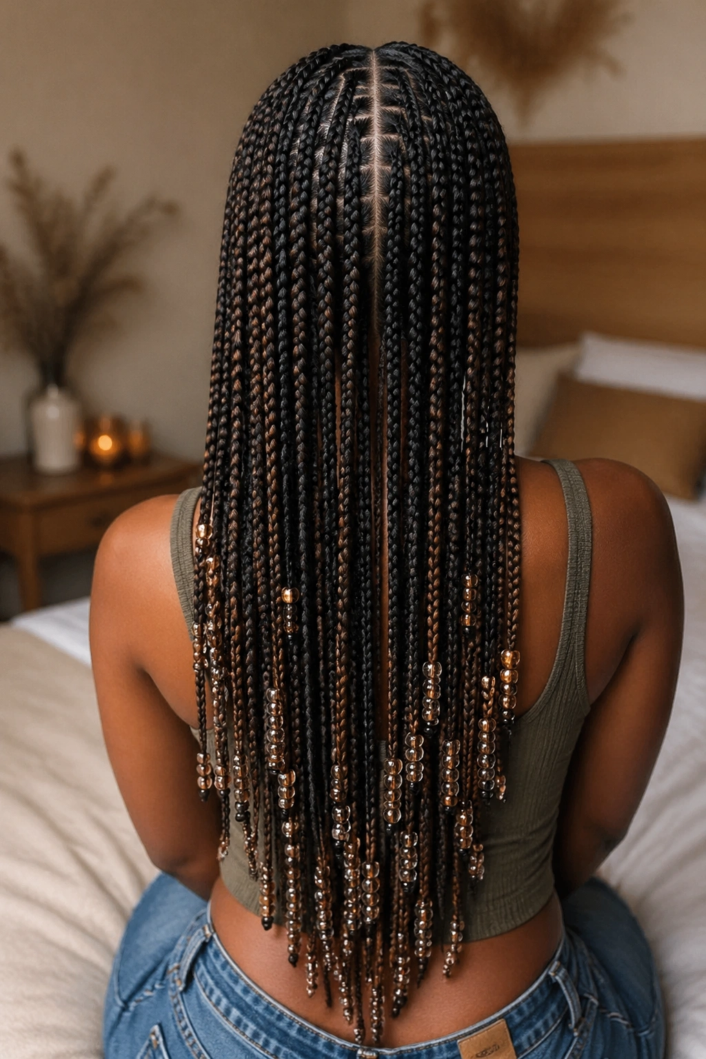 Back view of a real woman with beaded stitch braids down her back