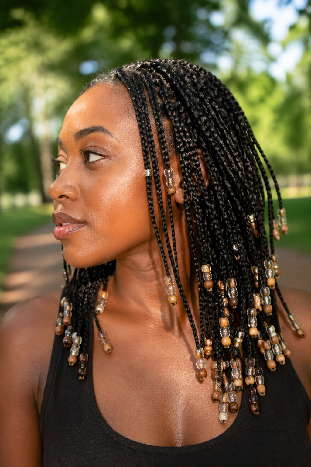 Close-up of a real woman with beaded tree braids ending in wooden and clear beads.