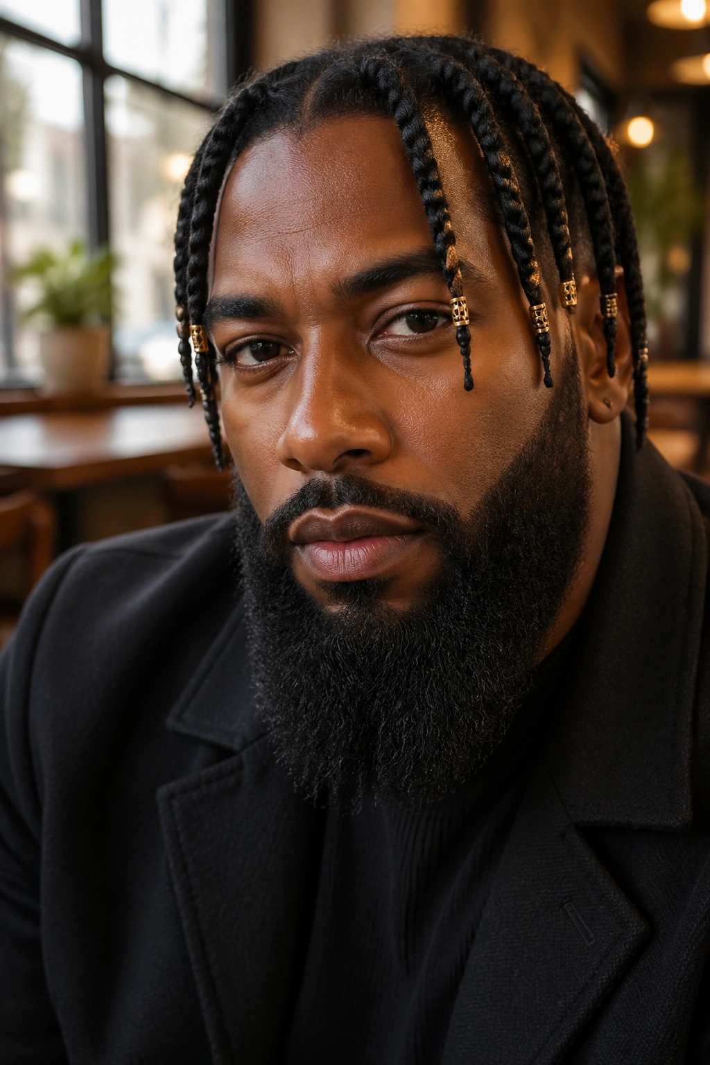 Man with beaded twist braids and a sculpted beard in a warm cafe setting