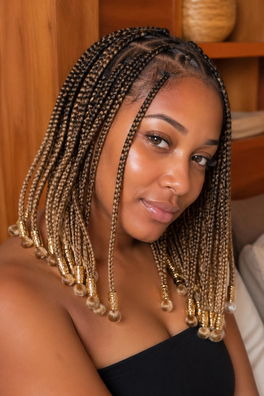 Close-up of real person with blonde-tipped beads on knotless braids