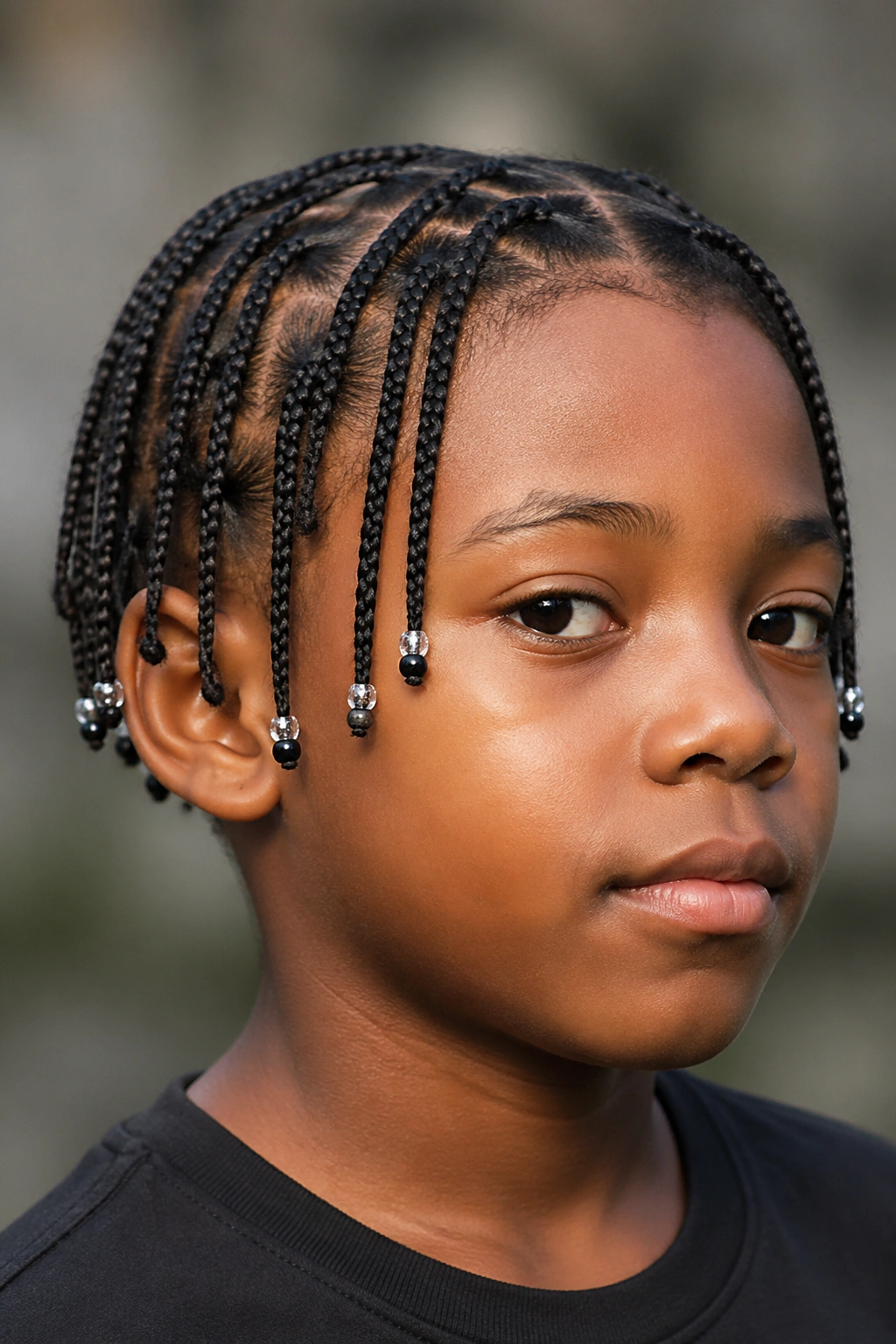 Boy's box braids with beads at the ends in close-up