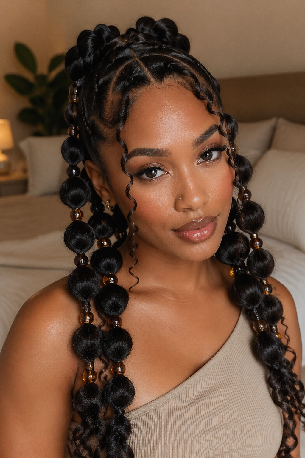 Beaded bubble braids on a real person in a cozy room setting.