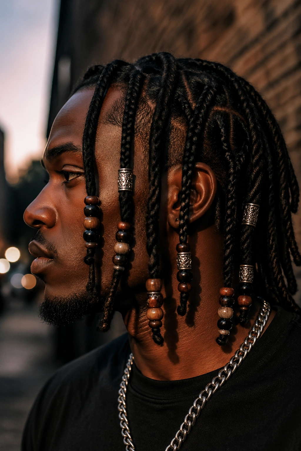 Close-up of locs with beads and cuffs in braids