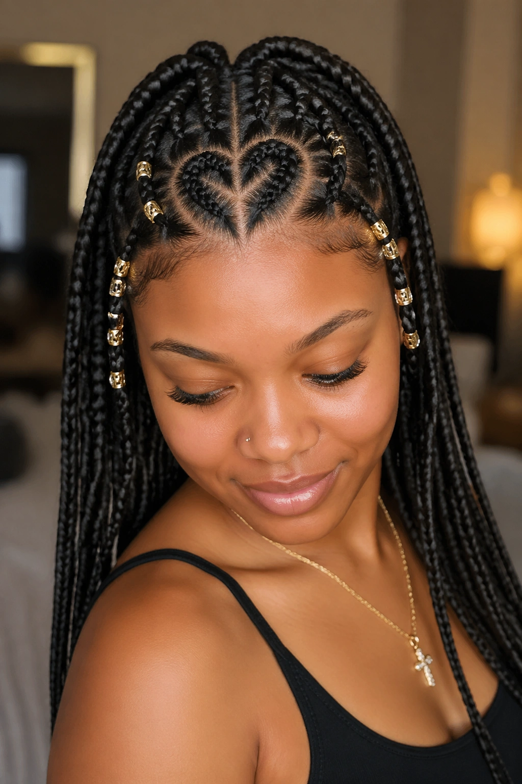 Close-up of a real person with beads and cuffs framing a heart on the front braids
