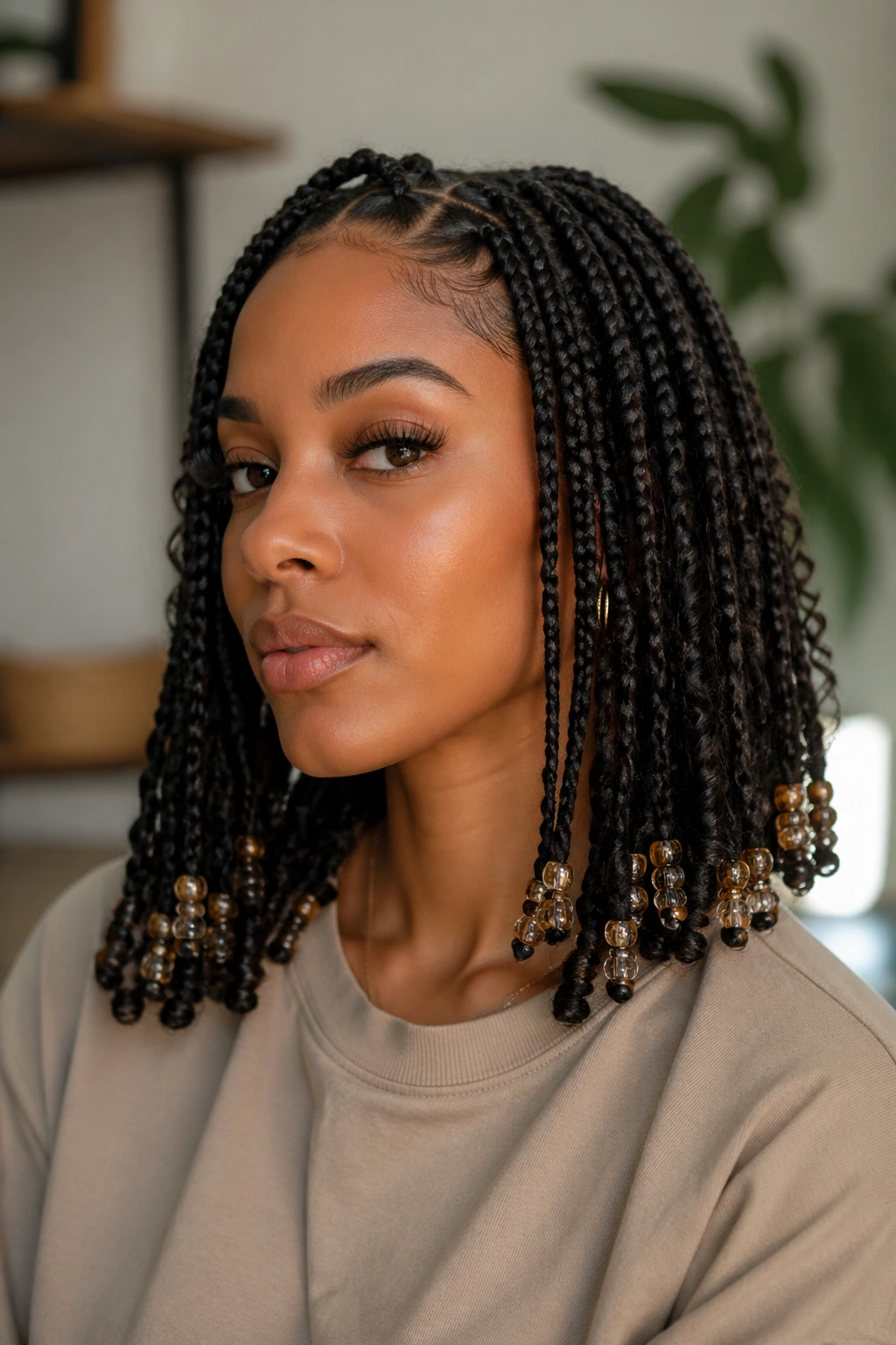 Close-up of beaded ends on goddess box braids