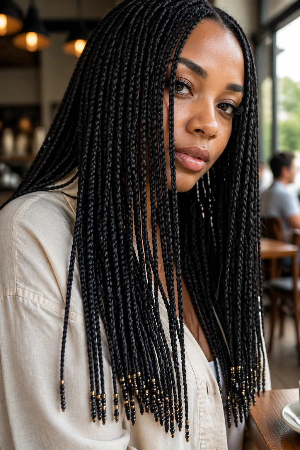 Knotless box braids with beads only at the ends on a real person